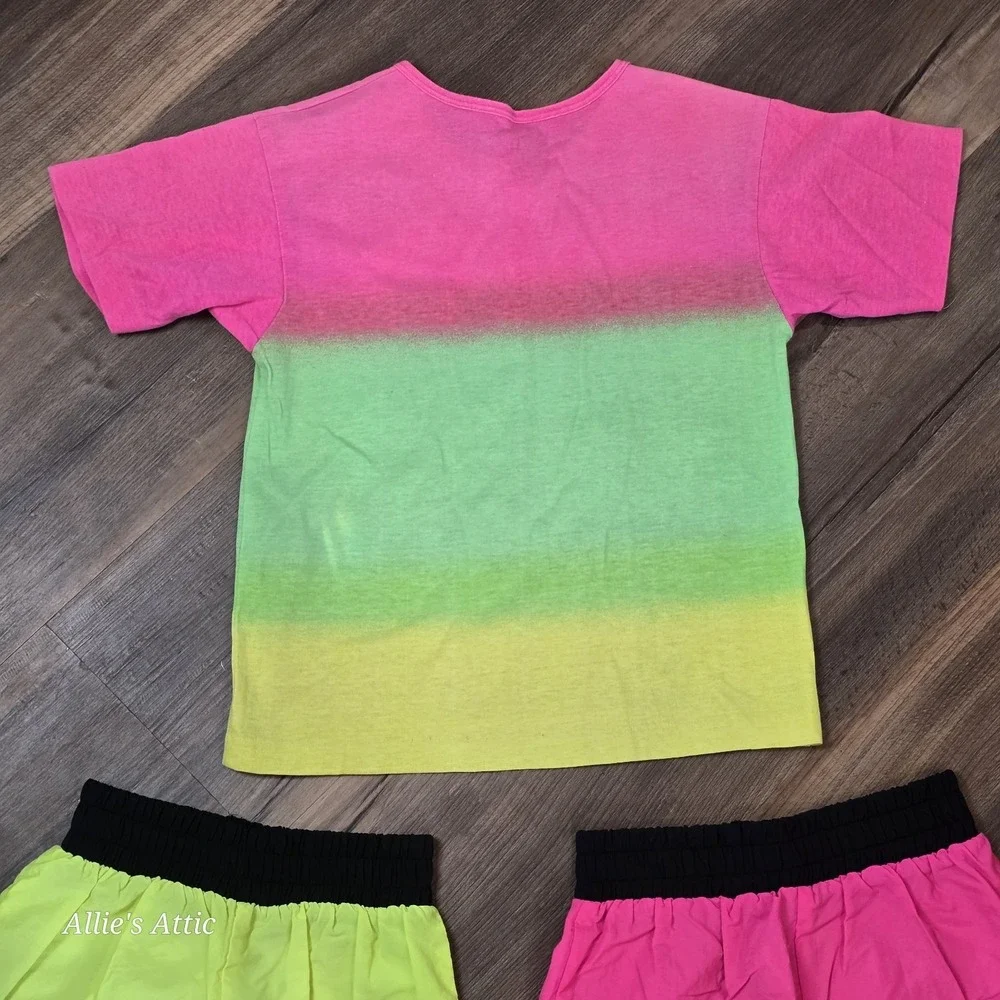 Girls 90s Vintage Volleyball T-Shirt Shorts Set Neon Pink Green Single Stitch 8*
